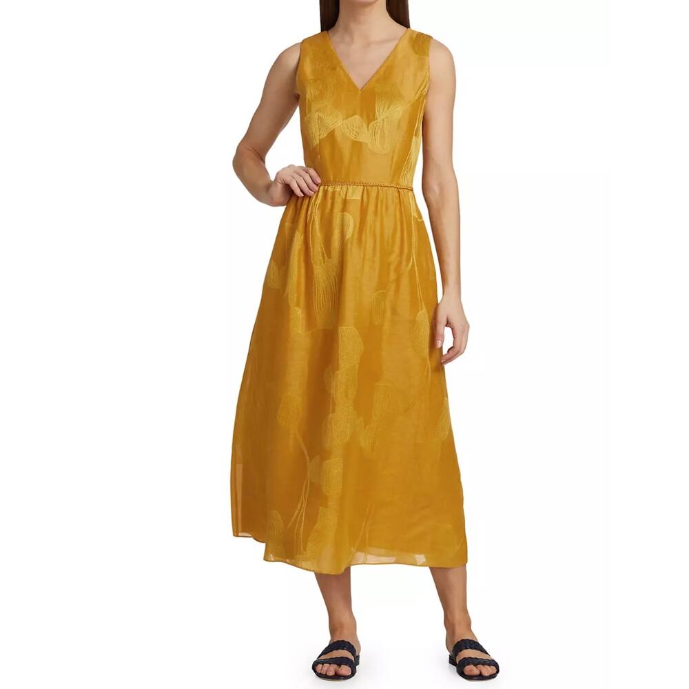 Lafayette 148 New York Lansing Leaf Linen & Silk Jacquard Yellow V-Neck Dress 10